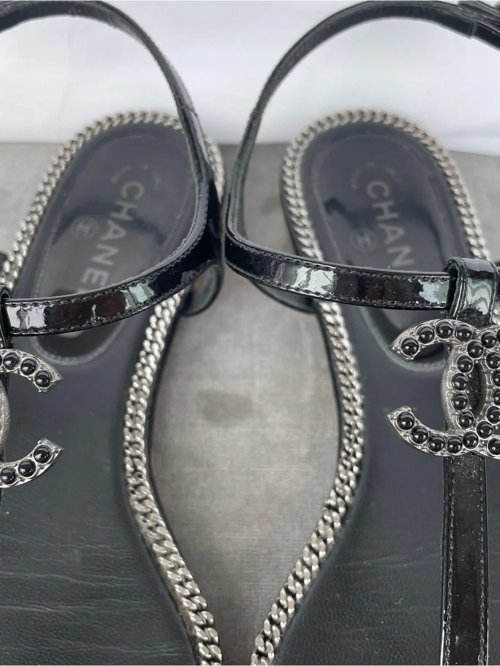 Chanel Black Chain-Trim Thong Sandals Embellished CC Logo & Silver Chains Detail